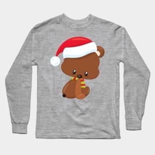 Christmas Bear, Cute Bear, Santa Hat, Scarf, Xmas Long Sleeve T-Shirt